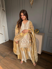 Hand embroidered tissue formal suit with tissue dupatta (Rani)