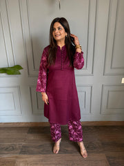 Strechable corduroy velvet co-ord set with embroided pants (Raaz)