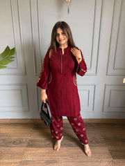 2 Piece woollen embroided side pocket embroidered co-ord set (Neelam)