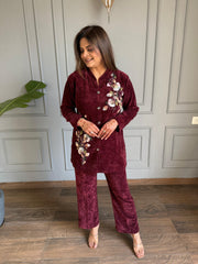 Superior quality corduroy velvet embroidered co-ord set (Chery)