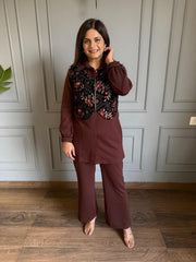 3 Piece jacket embroidered co-ord set (Chocolate)
