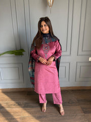 Corduroy velvet suit with printed banarasi dupatta (Gulab)