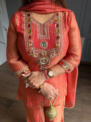 Beautiful suit in jewellery work shimmer tissue fabric with dupatta and full lining (Malini)