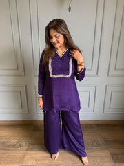 Chinnon chiffon mirror work co-ord set with full lining (Mulmul)