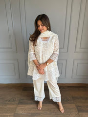 Embroidered mul cotton short Anarkali suit with cotton pants (Aarti)