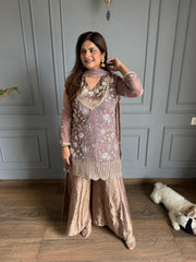 Formal embroidered 3 piece georgette brocade sharara suit (Mahi)