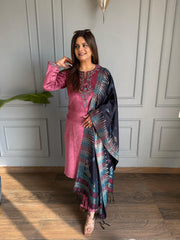 Corduroy velvet suit with printed banarasi dupatta (Gulab)