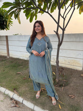 Pure crushed tissue suit with full lining and hand work detailing all over the shirt and tissue dupatta (Nishi)