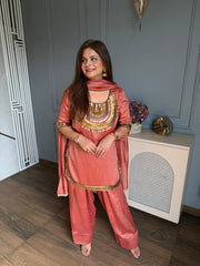 Beautiful hand embroidered suit with beautiful detailing on neck sleeves and ghera (Tanisha)