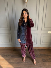 Silky velvet mirror hand work dual coloured co-ord set (Peacock)