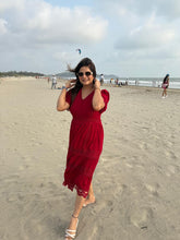 Imported linen cotton calf length dress (Cherry)