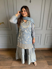 Formal embroidered 3 piece georgette brocade sharara suit (Mahi)
