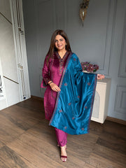 (Sapna) Corduroy velvet embroidered suit with silk dupatta