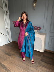 (Sapna) Corduroy velvet embroidered suit with silk dupatta
