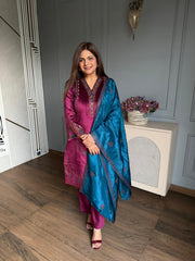 (Sapna) Corduroy velvet embroidered suit with silk dupatta