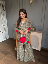 Beautiful leopard print with 3D flower embroidery paired with kaildaar sharara and net dupatta (Karina)
