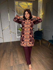 Kashmiri embroided woollen 2 piece co-ord set (Papaya)