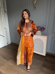 (Shazahn) Corduroy velvet farshi salwar suit with embroided dupatta