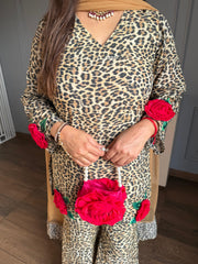 Beautiful leopard print with 3D flower embroidery paired with kaildaar sharara and net dupatta (Karina)