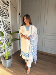 Muslin 3d printed flower embroided suit with organza dupatta