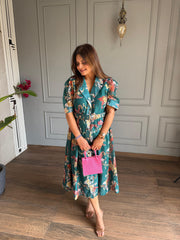 Imported fabric floral print calf length dress (Grapes)