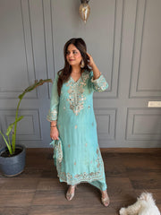 New tissue long co-ord set with cotton lining and with potli (Kimara))