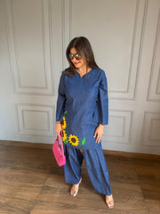 Farshi salwar cotton denim embroidered co-ord set (Sartaj)
