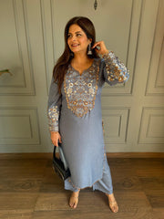 Denim lookalike embroidered co-ord set (Naima)