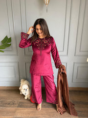 Corduroy velvet 3 piece embroidered shawl suit (Shinam)