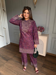 (Saira) Knitted woollen co-ord set with neckline work