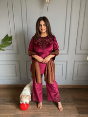 Corduroy velvet 3 piece embroidered shawl suit (Shinam)