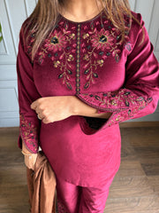 Corduroy velvet 3 piece embroidered shawl suit (Shinam)