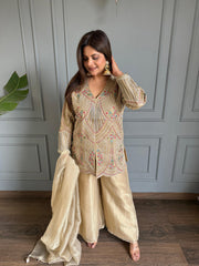 Crushed tissue hand embroidered short length suit with crushed tissue dupatta (Erica)