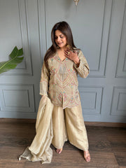 Crushed tissue hand embroidered short length suit with crushed tissue dupatta (Erica)