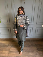 Pakistani stylish net tissue suit with beautiful embroidery detailing and cut work on shirt and dupatta (Bliss)