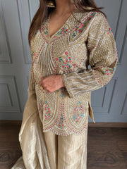 Crushed tissue hand embroidered short length suit with crushed tissue dupatta (Erica)