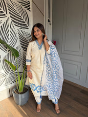 Muslin 3d printed flower embroided suit with organza dupatta