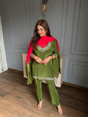 Pure crepe 4 piece real mirror detailing festive suit for Rakhi with embroidered bustier (Charu)
