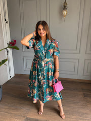 Imported fabric floral print calf length dress (Grapes)