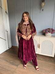 (Mazel) A line premium velvet hand embroidered suit with tissue dupatta