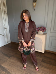 (Isha) Woollen embroidered premium co-ord set with farshi salwar