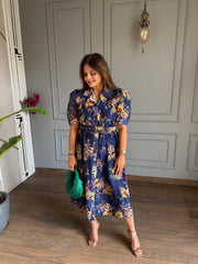 Imported fabric floral print calf length dress (Grapes)