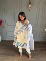 Muslin 3d printed flower embroided suit with organza dupatta
