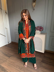 (Harshi) Woollen embroidered shawl suit with cut work on complete suit and shawl
