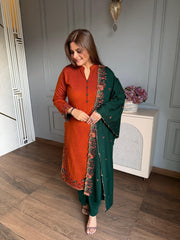 (Harshi) Woollen embroidered shawl suit with cut work on complete suit and shawl