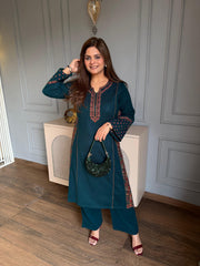(Chumki) Very exclusive side slit woollen 2 piece embroidered co-ord set