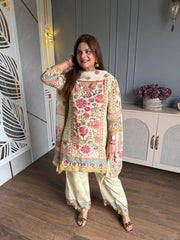 Beautiful embroidered tissue suit with full cotton lining (Sudha)