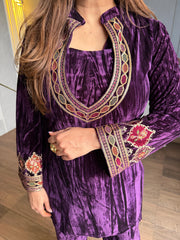 (Saiba) Velvet embroidered co-ord set with beautiful work on front and sleeves