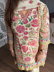 Beautiful embroidered tissue suit with full cotton lining (Sudha)