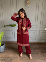 3 Piece embroided jacket style woollen co-ord set (Nargis)